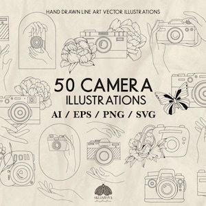 Camera SVG bundel lijntekening kunst fotografie retro camera gesneden bestand handen met camera silhouet overzicht bloemen camera logo camera clipart