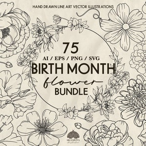 Mês de nascimento Flor Svg Bundle Desenho de linha Flor do mês de nascimento Svg Mês de nascimento Svg Flor de aniversário Guirlanda floral Svg Arte de linha botânica