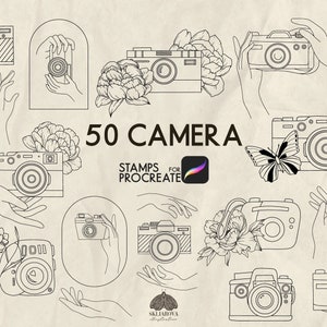 May include: A set of 50 black and white camera stamps for Procreate. The stamps feature various camera designs, including vintage cameras, modern cameras, and cameras with flowers and butterflies.