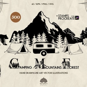 Forest SVG Bundle Adventure Svg Mountains silhouette Svg Nature Svg Camping Svg Procreate stamps Tree Svg Forest Scenery outline Landscape