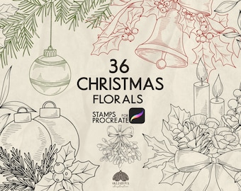 May include: 36 Christmas Florals Stamps for Procreate. A set of hand-drawn illustrations featuring holly, mistletoe, bells, ornaments, candles, and other festive elements.