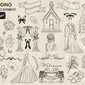 May include: A set of 100 black and white line drawing wedding elements for Procreate. The illustrations include a wedding dress, a bouquet, a church, a wedding arch, a couple, a ring, a bow tie, a wedding cake, a welcome sign, and more.