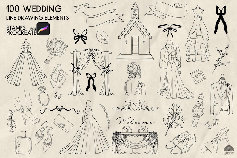 May include: A set of 100 black and white line drawing wedding elements for Procreate. The illustrations include a wedding dress, a bouquet, a church, a wedding arch, a couple, a ring, a bow tie, a wedding cake, a welcome sign, and more.
