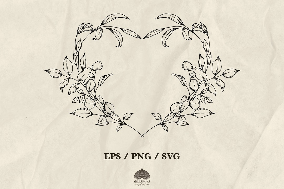Floral Heart Wreath SVG: Vintage Greenery Frame Border, Botanical Line ...