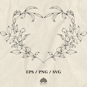 Contour du cadre Svg coeur floral Svg amour Svg verdure guirlande branches Svg bordure romantique dessin au trait botanique carte de mariage fichier Png pour Cricut