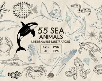 Sea Animals Line Art SVG Bundle: 55 Marine Life Illustrations ( + PNG, EPS)
