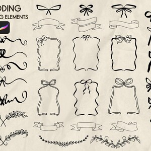 May include: 100 Wedding Line Drawing Elements Stamps for Procreate. A collection of black and white line drawings of bows, ribbons, wreaths, and frames. These digital stamps are perfect for adding a touch of elegance to your wedding invitations, stationery, and other projects.