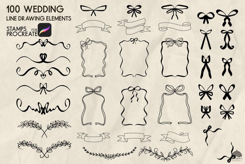 May include: 100 Wedding Line Drawing Elements Stamps for Procreate. A collection of black and white line drawings of bows, ribbons, wreaths, and frames. These digital stamps are perfect for adding a touch of elegance to your wedding invitations, stationery, and other projects.