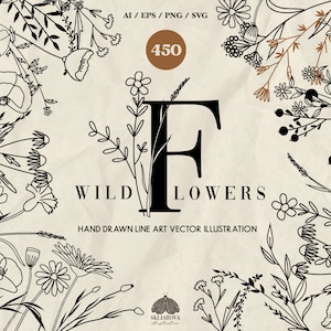 Ensemble de fleurs sauvages Svg Dessin au trait floral Svg Png Dessin au trait botanique Contour de fleurs Esthétique Couronne Svg Lettres frontière Cadre divisé Vector