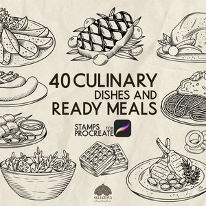 May include: A set of 40 black and white illustrations of culinary dishes and ready meals for use with the Procreate app. The illustrations include a variety of foods, such as pasta, steak, chicken, and waffles.