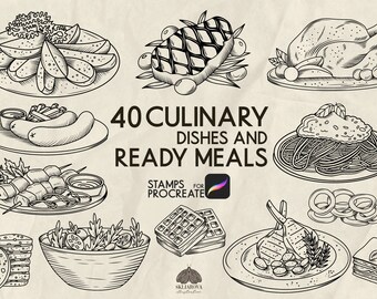 Culinary Food Stamps for Procreate: 40 Restaurant Line Art Brushes (Procreate iPad Only)