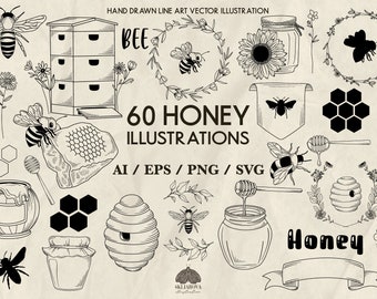 Bee SVG-bundel: 60 honing, bijen, honingraatoverzichtsillustraties (+png, eps, ai)