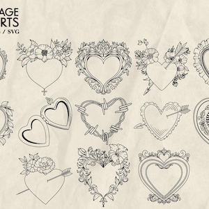 May include: A set of 25 vintage heart illustrations in black and white. The hearts are in various styles, including ornate frames, barbed wire, and floral designs.  The text "25 Vintage Hearts" and "AI/EPS/PNG/SVG" is at the top of the image.
