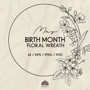 Naissance, mois de naissance, couronne de fleurs, SVG, cadre de fleurs, SVG, bordure florale, aubépine, muguet, anniversaire, fleur