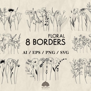 Wildflower Line Art SVG set: Floral Borders, Botanical Drawing (8 illustrations))