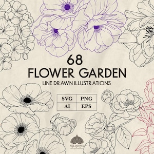 May include: A digital collection of 68 flower garden line drawn illustrations featuring various floral motifs in black, purple, and red outlines. The text 68 FLOWER GARDEN LINE DRAWN ILLUSTRATIONS is centered with a box containing SVG, PNG, AI, EPS.
