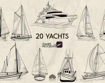 Yacht Procreate Stamps: 20 Sailing Boats Brushes (Procreate iPad Only)