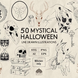 Op de afbeelding: Een verzameling van 50 mystieke Halloween lijntekeningen met zwarte inkt-schetsen van schedels, een raaf, paddenstoelen, een pompoen, boeken, kaarsen, handen en een spiegel op een lichtbeige achtergrond met de tekst 50 MYSTICAL HALLOWEEN.