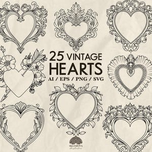 Lot de coeurs Svg vintage coeur Svg amour dessin au trait Svg coeur original et bordure de cadre coeur monogramme flèche monogramme illustrations contour romantique