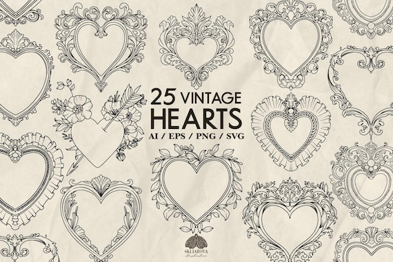 Vintage Hearts Svg Bundle Love Svg Heart Svg Line Drawing Quirky Heart and Arrow Monogram heart frame border Romantic Outline illustrations