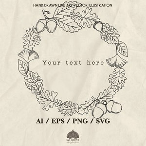Cadre automne Svg automne couronne Svg bordure ronde Svg chêne gland Svg cercle floral mariage dessin au trait botanique fichiers Png pour cricut