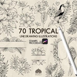 Carimbos Tropicais para Procreate: 70 Pincéis de Arte Floral em Linha (Somente para Procreate no iPad)