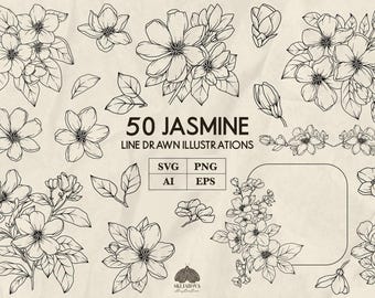 ジャスミン SVG バンドル: 50 種類の植物線画ベクター イラスト (+ png