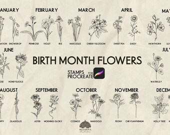 Birth Month Flower Stamps for Procreate: 25 Botanical Brushes (Procreate iPad Only)