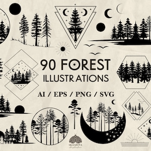 Paquete de SVG de bosque, archivos de naturaleza para Cricut, silueta de árbol de bosque geométrico, luna, sol, paisaje forestal, paisaje, Svg, clipart de pino, Svg, Png