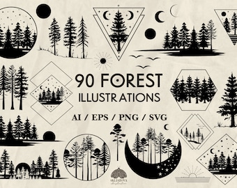Forest SVG Bundle Nature Files For Cricut Geometric Forest Tree Silhouette Moon Sun Forest Scenery Landscape Svg Clipart Pine Tree Svg Png