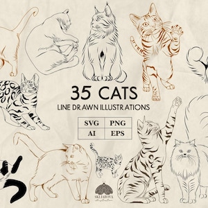 Könnte beinhalten: Eine Illustration mit 35 Strichzeichnungen von Katzen in verschiedenen Posen und Rassen. Der Text "35 CATS LINE DRAWN ILLUSTRATIONS" ist enthalten, zusammen mit Dateityp-Symbolen für SVG, PNG, AI und EPS. Die Katzen sind in Braun- und Schwarztönen dargestellt.
