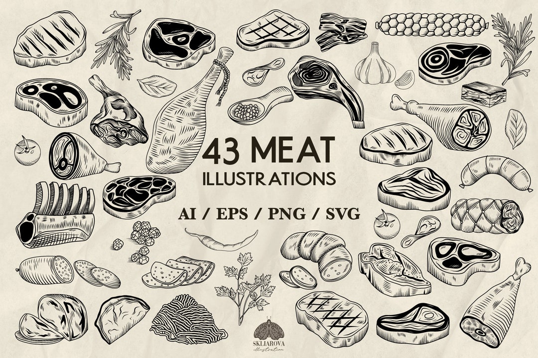 Meat Line Art SVG Bundle: 43 Food Outline Illustrations (+ PNG, EPS) - Etsy