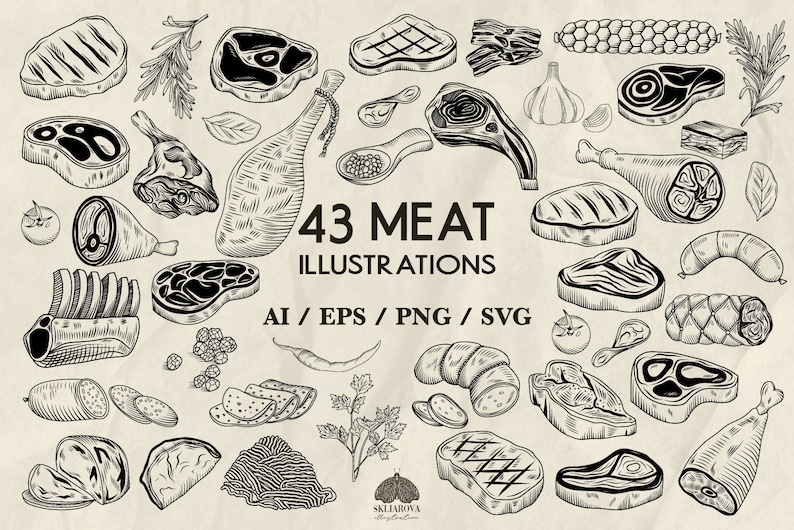 Meat Line Art SVG Bundle: 43 Food Outline Illustrations (+ PNG, EPS) - Etsy