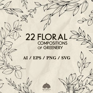 枝 SVG バンドル ラインアート 葉 SVG 小枝 SVG 手描きの花 SVG 緑の装飾 植物クリップアート 枝のイラスト Cricut PNG