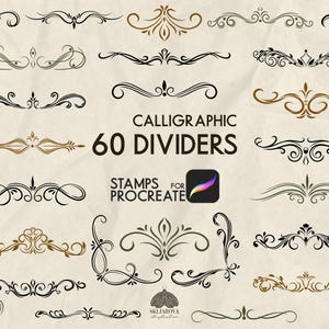 Puede incluir: Una colección de 60 divisores caligráficos en varios diseños ornamentados, que incluyen espirales, florituras y elementos decorativos. Los divisores son en tonos negro y dorado, con el texto "Calligraphic 60 Dividers" y "Stamps for Procreate".