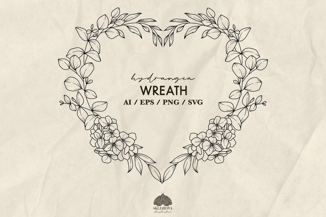 Hydrangea Heart Wreath Svg Png Line Drawing Hydrangea Flower Frame Love ...