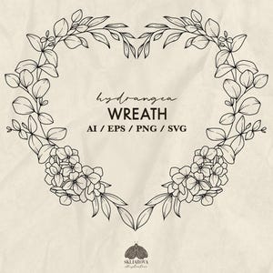 Couronne de coeur hortensia Svg Png dessin cadre fleur d'hortensia Amour Svg Floral bordure romantique contour Carte de mariage Dessin au trait botanique