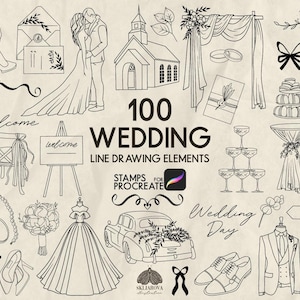 May include: A set of 100 black and white line drawing wedding illustrations for Procreate. The illustrations include a variety of wedding-related elements, such as a church, a wedding dress, a bouquet, a cake, and a car.