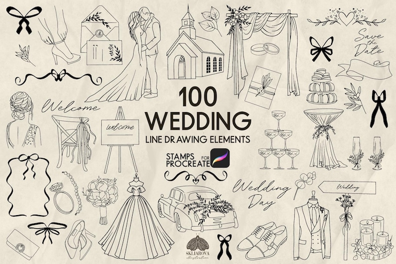 May include: A set of 100 black and white line drawing wedding illustrations for Procreate. The illustrations include a variety of wedding-related elements, such as a church, a wedding dress, a bouquet, a cake, and a car.