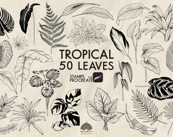 Tropical Leaves Procreate Stamps: 50 Botanical Line Art Brushes (Procreate iPad Only)