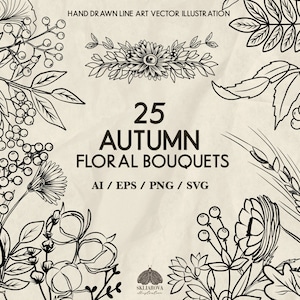 Herfst bloemen Svg bundel val botanische lijn kunst Svg herfst bloemen pompoenen handgetekende boeketten ontwerpen herfst SVG herfst Svg oogst planten