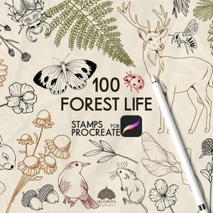 Peut inclure: Une collection numérique de 100 tampons Forest Life pour Procreate présentant des illustrations au trait d'un cerf, papillon, lapin, oiseau, souris, coccinelle, scarabée, abeille, pomme de pin, glands, champignons, fleurs et feuilles.
