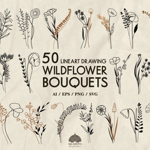 Wildflowers Svg bundle Flowers outline Svg Botanical line drawing Files for cricut Wedding design Silhouette Summer floral bouquet clipart