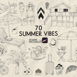 Summer Procreate Stamps Summer beach vacation Stamps for Procreate Travel, Surfing, Tourism, Summer vibes, Adventure, Line drawing, Coloring