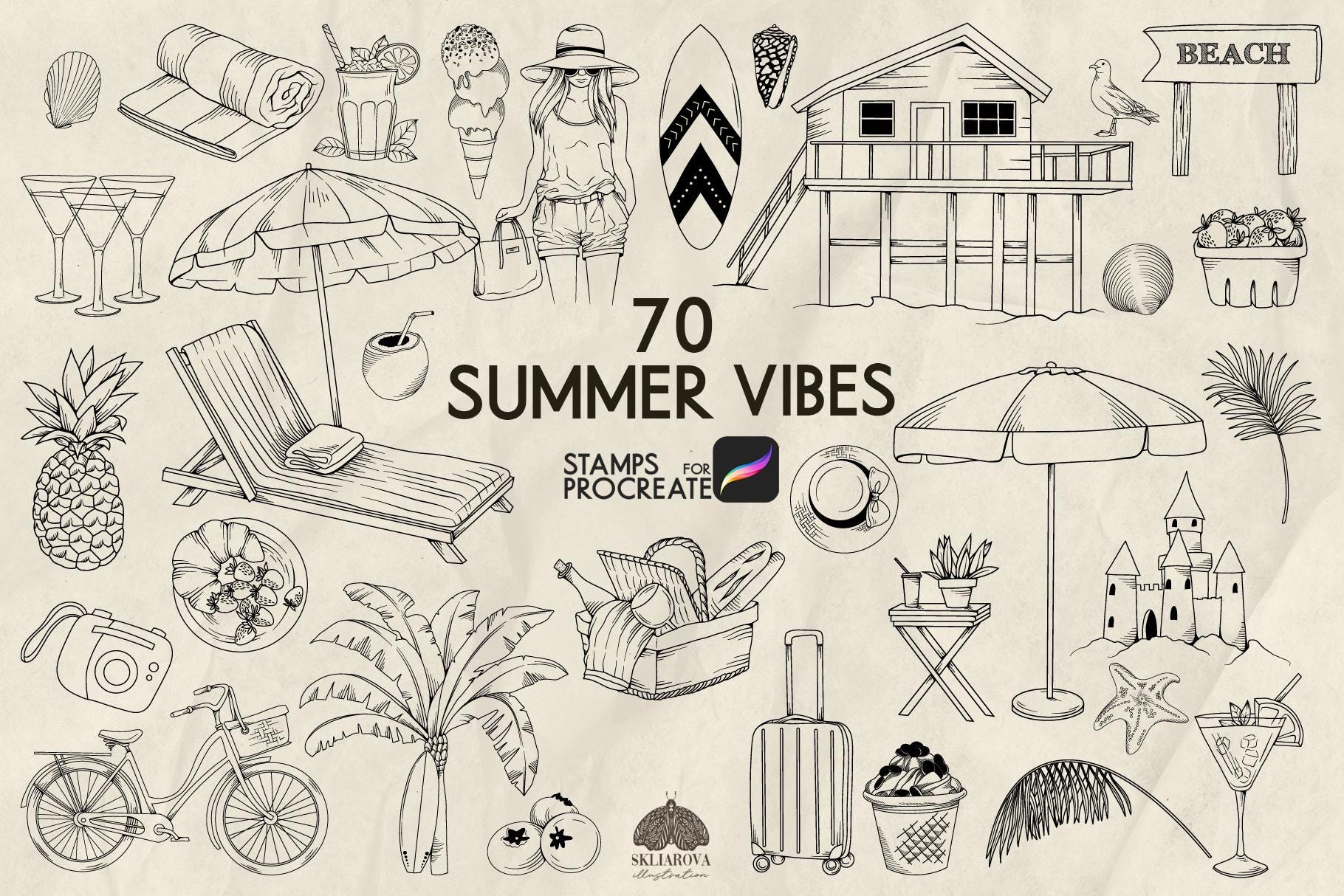 Summer Procreate Stamps: 70 Beach Vacation Brushes Set (Procreate iPad Only)
