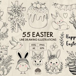 Ostern SVG Bundle Osterhase svg Ostereier svg Osterkreuz svg Osterkorb svg Frühling Linie Zeichnung Illustrationen Png-Dateien für Cricut