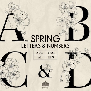 Letras de primavera Svg pacote Floral Alphabet SVG Flor de cerejeira Svg ABC Svg Letras e números desenhados à mão Png Monograma de flor de macieira Svg