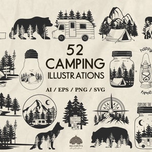 Bos kamperen SVG bundel toerisme Svg berg avontuur Svg reizen Svg natuur buiten Svg Cricut silhouet Svg landschap landschap kampleven