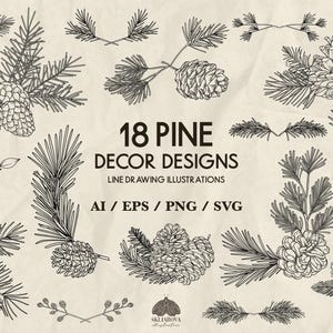 Rami di pino Svg Disegno decorativo Botanico Svg fascio Pigne Svg Pino Svg Disegno floreale Pianta della foresta Svg Rami di abete Svg Divisore Svg