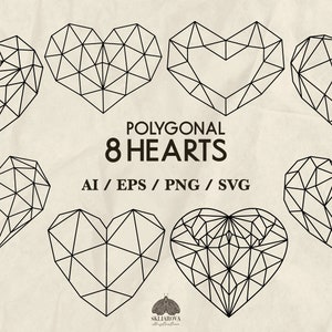 Paquete de siluetas de corazones poligonales con contornos Svg, marco vectorial, decoración para el día de San Valentín, archivo para Cricut, boda de cristal, Png